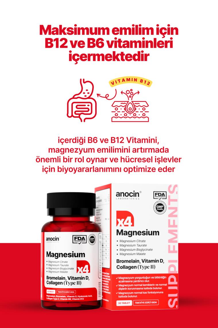 Anocin Magnezyum X4 Complex Citrate, Taurate, Bisglycinate, Malate + Bromelain + Kolajen