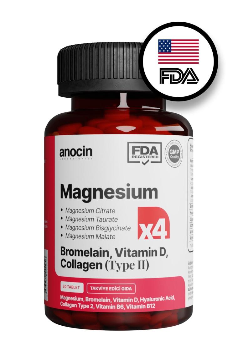 Anocin Magnezyum X4 Complex Citrate, Taurate, Bisglycinate, Malate + Bromelain + Kolajen