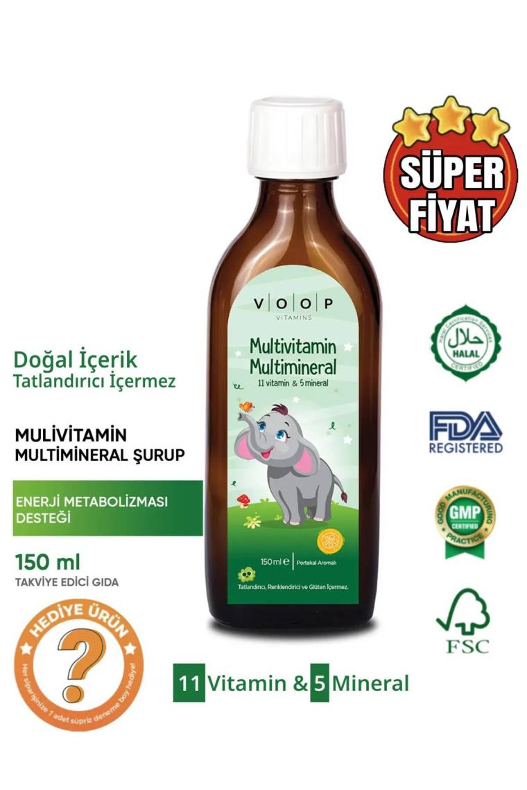Voop Multivitamin Multimineral Portakal Aromalı Şurup - 150 Ml (11 Vitamin & 5 Mineral)