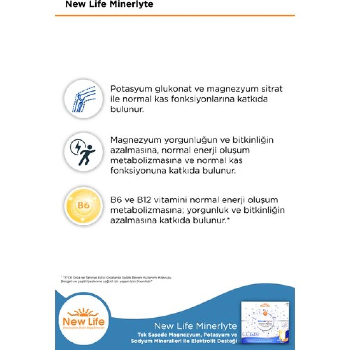 New Life Minerlyte - Magnezyum Sitrat - Potasyum - Sodyum - B6 ve B12 Vitamini - Elektrolit Çözeltisi - 12 Saşe