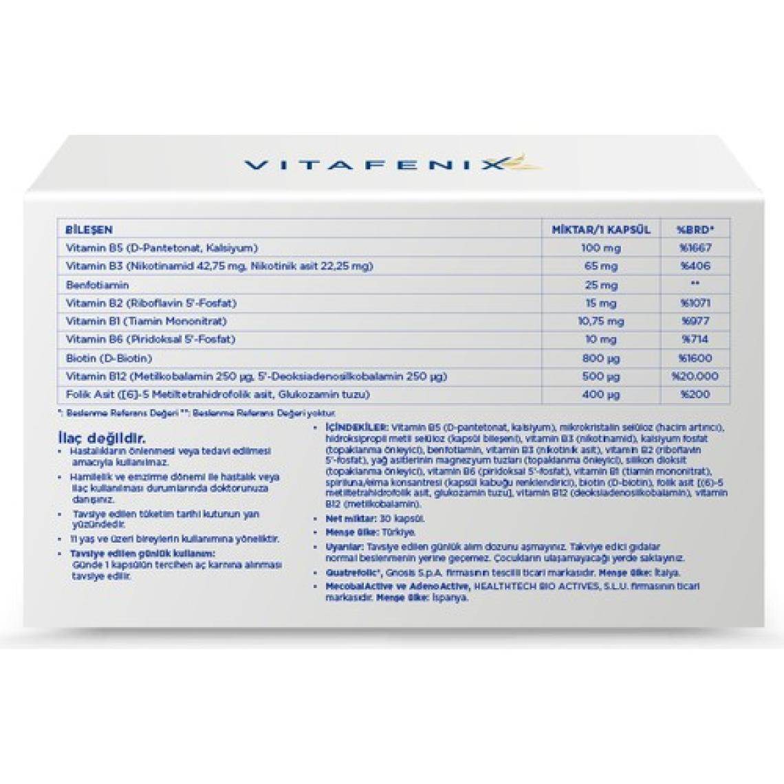 Vitafenix Aktif B Kompleks Benfotiamin B12 B6 Ve Tüm Aktif B Vitaminlerini İçeren Takviye 30 Kapsül