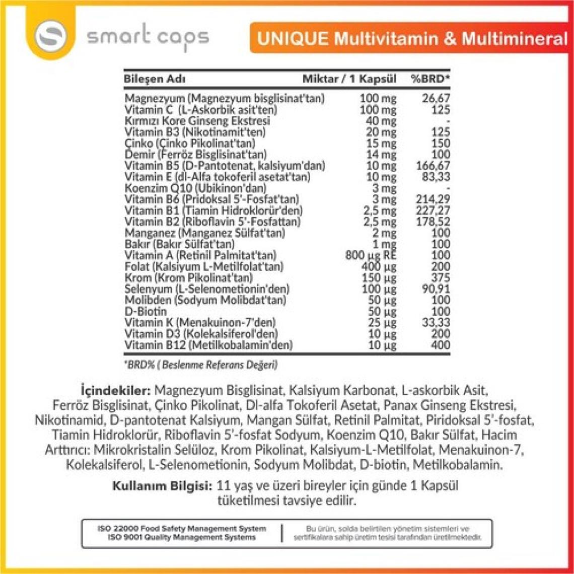 Smartcaps  Unique Multivitamin & Multimineral Ginseng, Q10 30 Kapsül