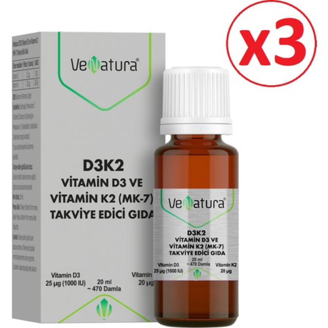 Venatura D3K2 Vitamin D3 Ve Vitamin K2 Damla Takviye Edici Gıda 20 ml (3 Adet)