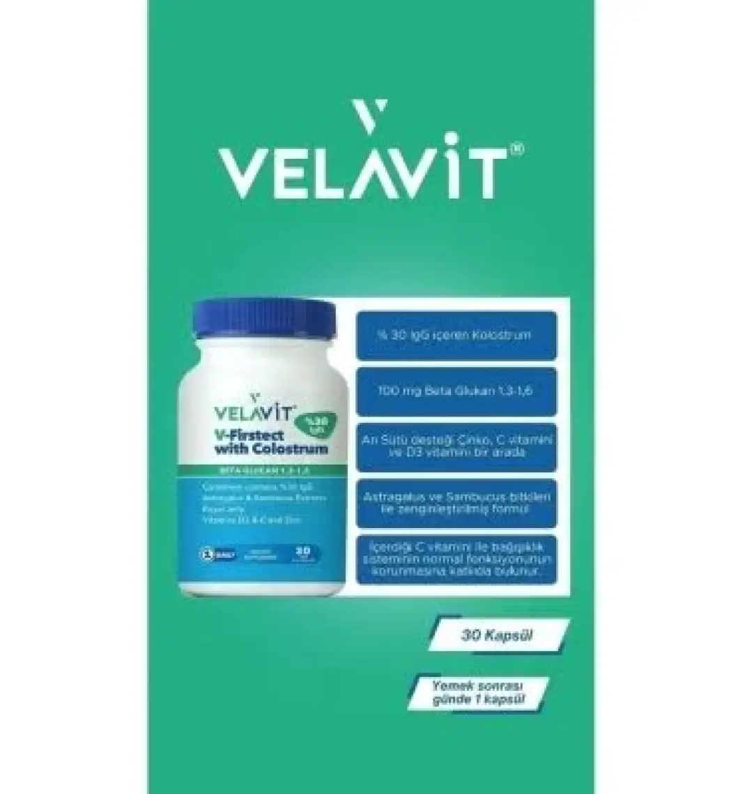 Velavit V-Firstect With Colostrum Takviye Edici Gıda 30 Kapsül
