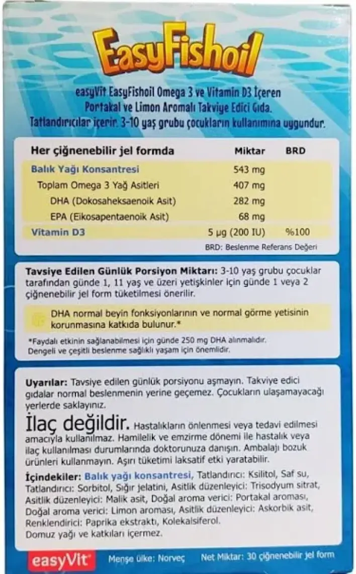 Easy Fishoil Easy Fish Oil Çiğnenebilir Çocuklara Özel Şeker Ilavesiz Aromalı 30 Tablet