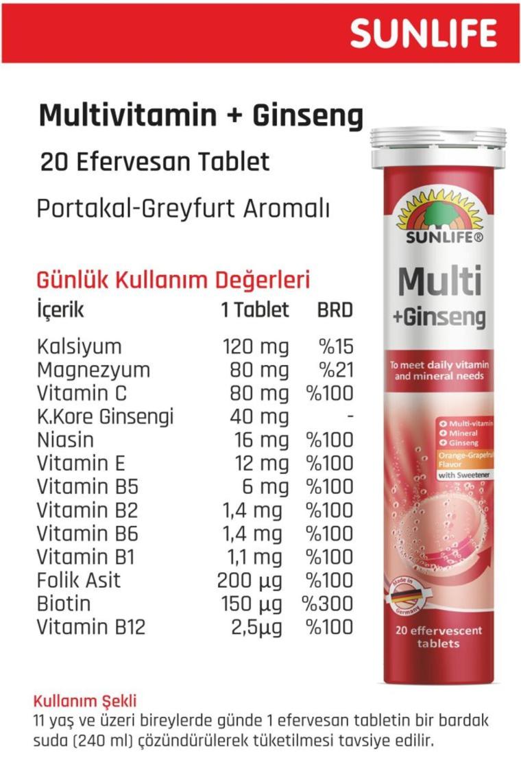 Sunlife Multivitamin + Mineraller 20 Tablet Şekersiz Gıda Takv.