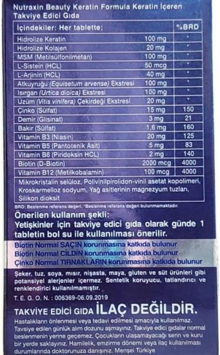 Nutraxin Keratin Formula - Saç Bakım Vitamini Kolajen Keratin Biotin Çinko L-Arginin L-Sistein