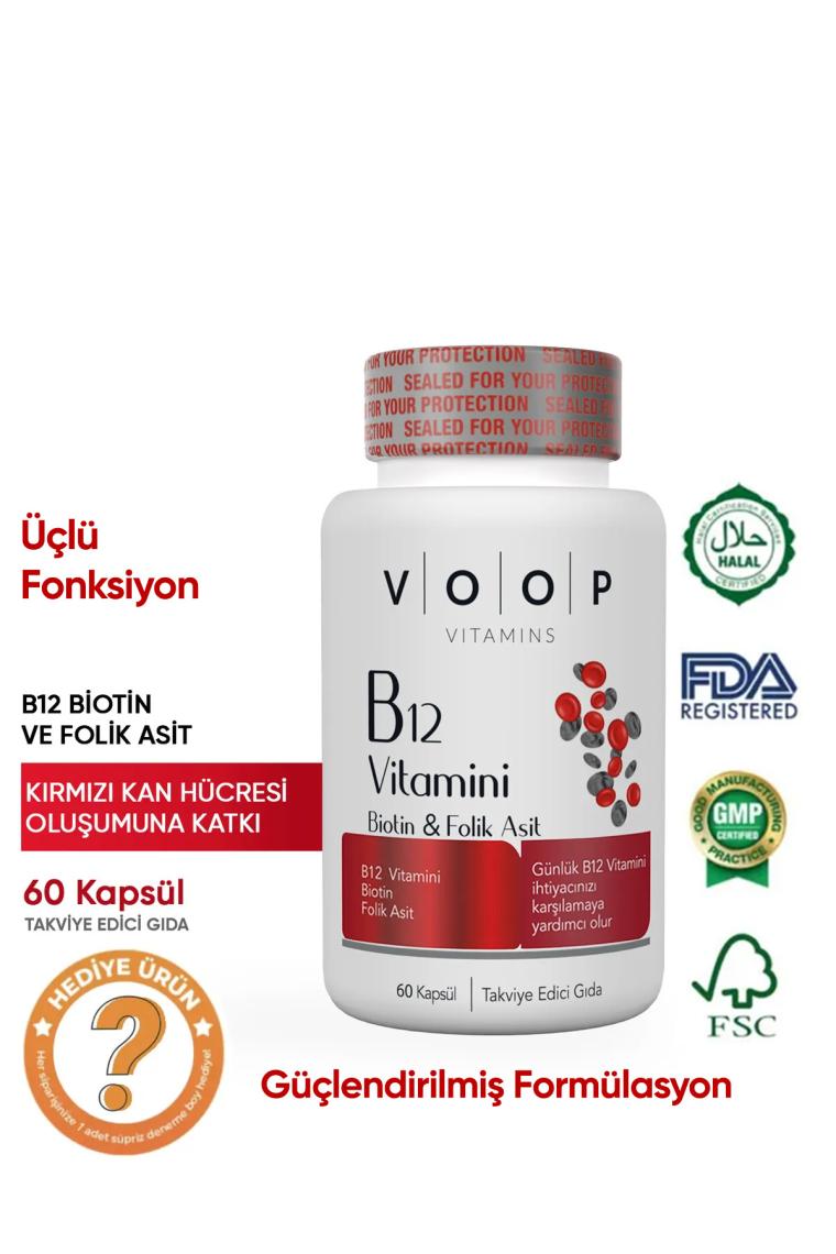 Voop B12 Vitamini - Biotin&Folik Asit Cilt, Saç, Tırnak ve Beyin Sağlığı Destekleyici 60 Bitkisel Kapsül