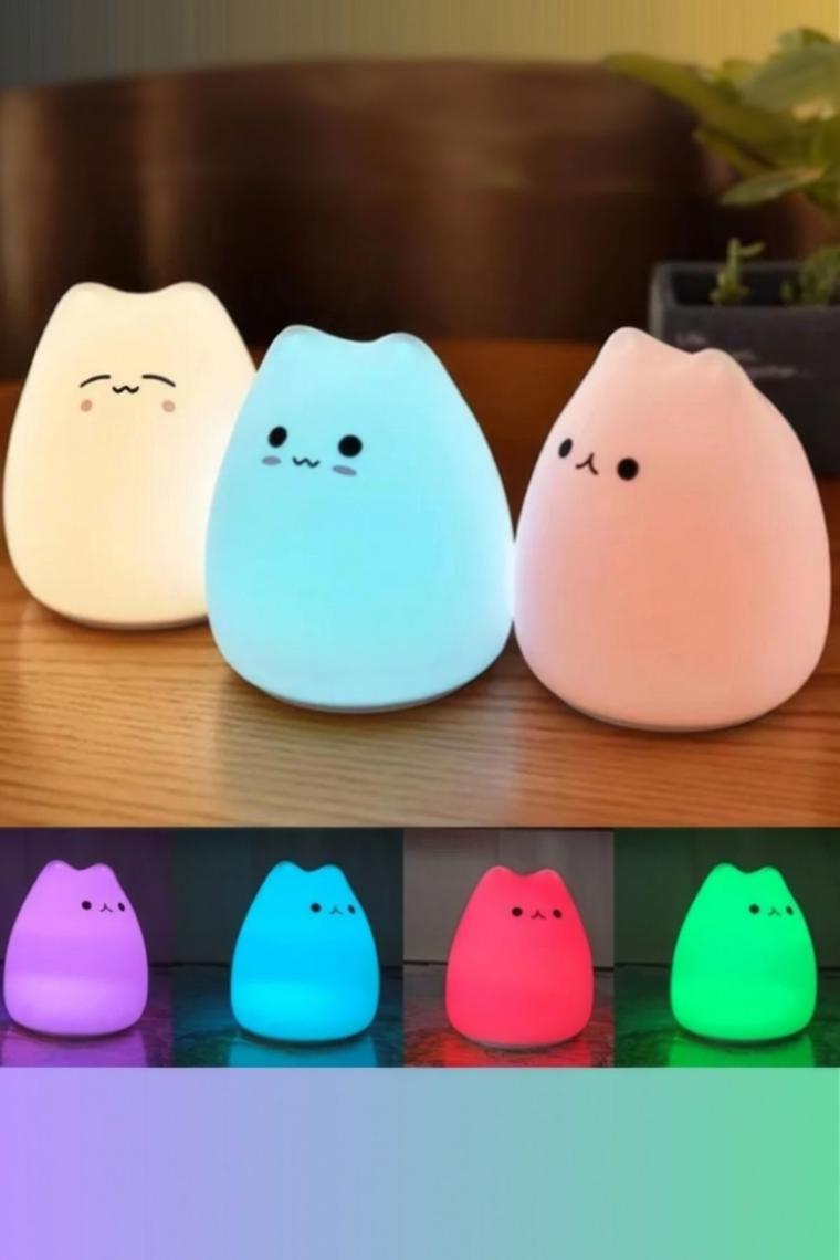 Kedi Şekilli Gece Lambası Çocuk Odası Led Rgb Renk Değiştiren Dokunmatik (KARIŞIK YÜZ IFADESİ)