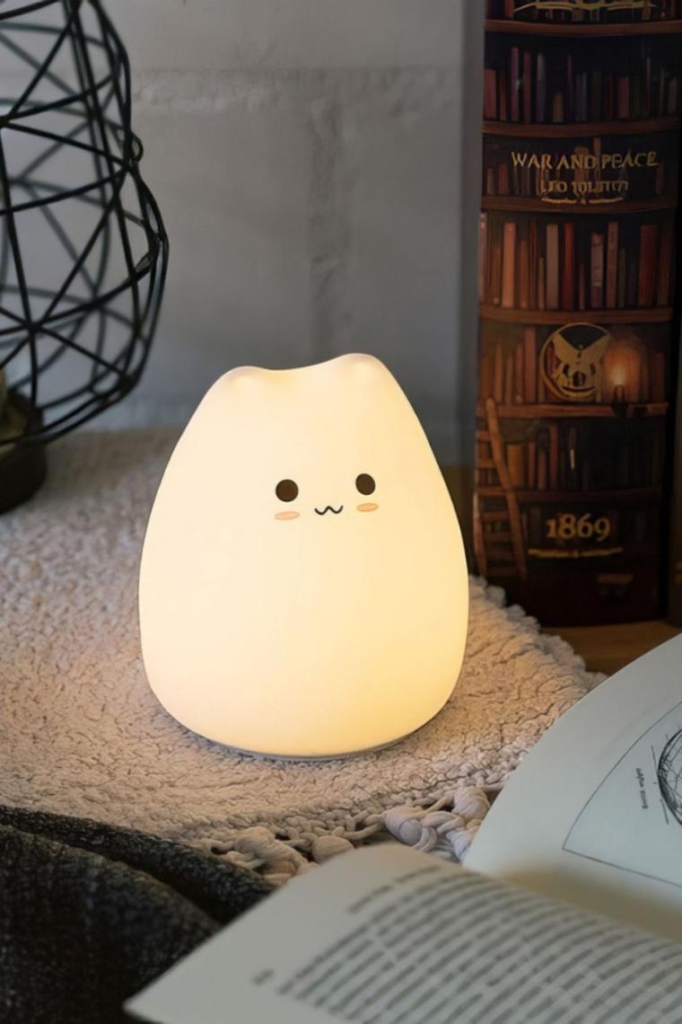 Kedi Şekilli Gece Lambası Çocuk Odası Led Rgb Renk Değiştiren Dokunmatik (KARIŞIK YÜZ IFADESİ)