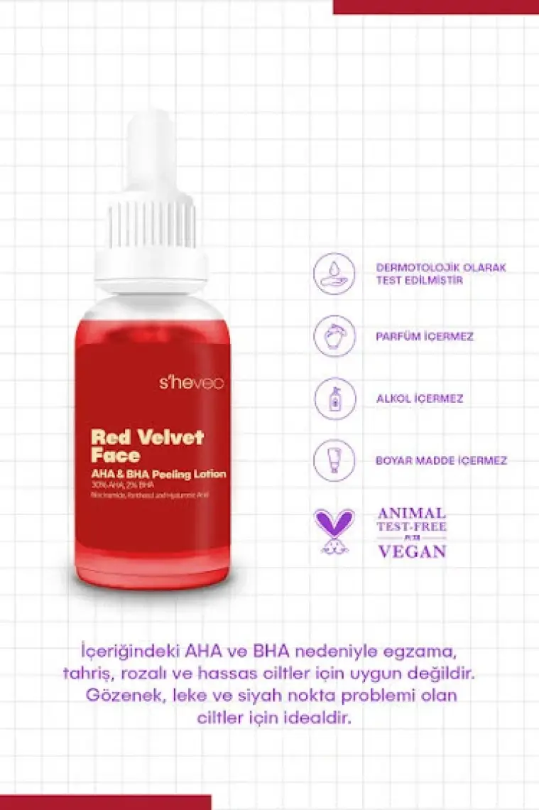 S'he Vec RED VELVET FACE - AHA %30 & BHA %2 Cilt Tonu Eşitleyici Arındırıcı Kırmızı Peeling Serum 30ml