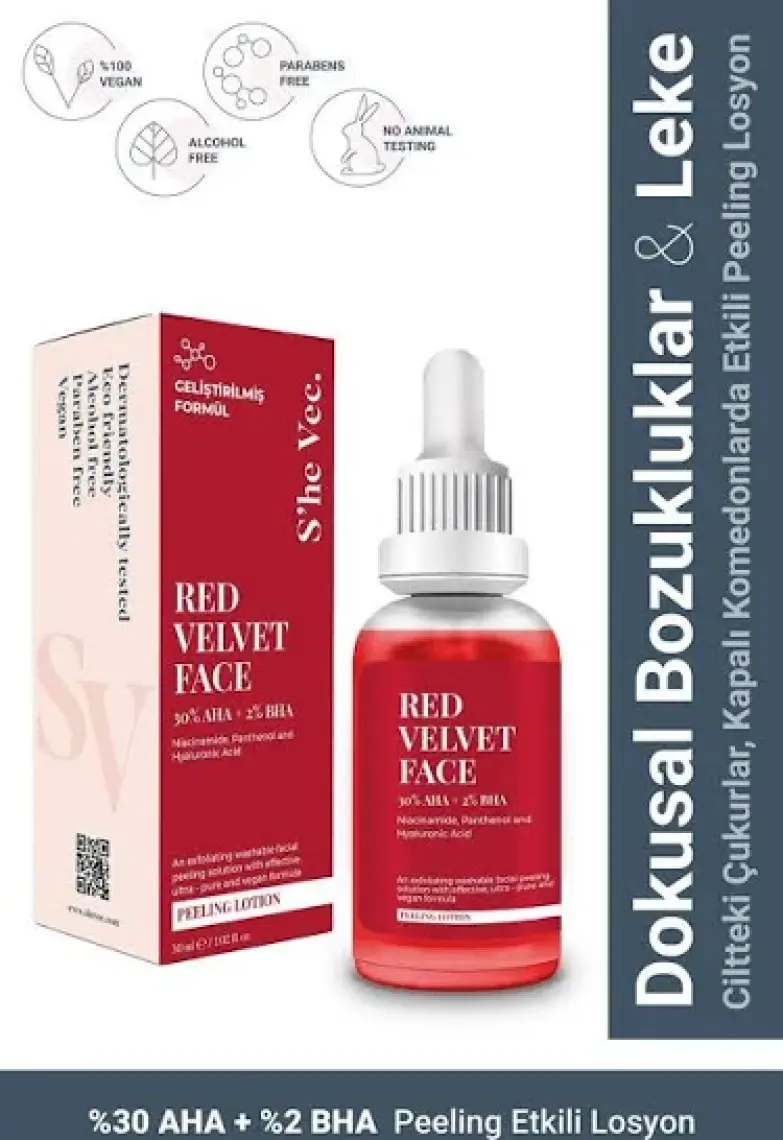 S'he Vec RED VELVET FACE - AHA %30 & BHA %2 Cilt Tonu Eşitleyici Arındırıcı Kırmızı Peeling Serum 30ml