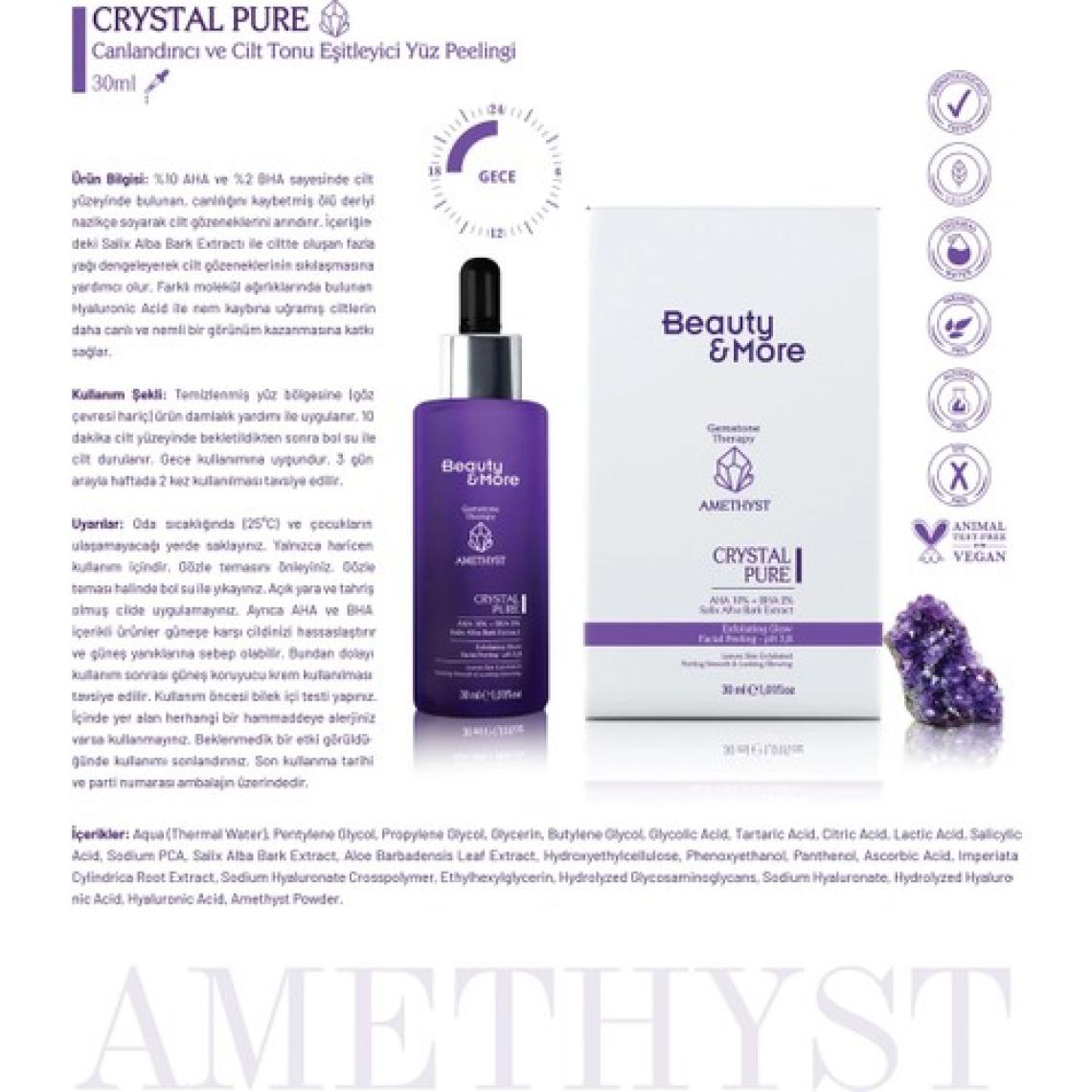 Beauty&More Ametist Crystal Pure Canlandırıcı ve Cilt Tonu Eşitleyici Yüz Peeling Serumu 30 ml AHA 10% + BHA 2%+ Salix Alba Bark Extract+ Ametist Powder