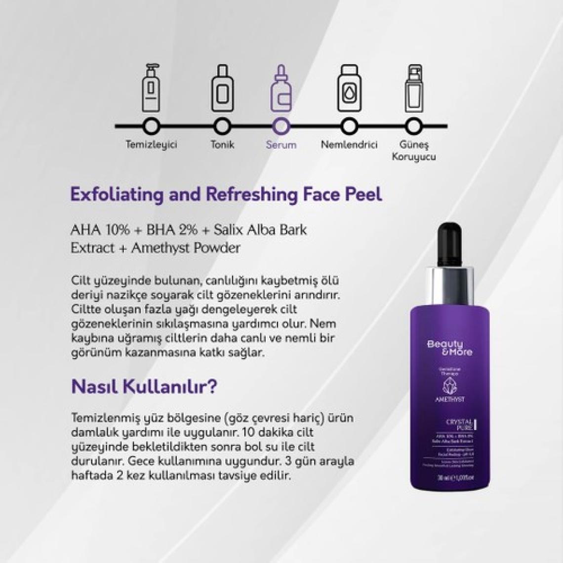 Beauty&More Ametist Crystal Pure Canlandırıcı ve Cilt Tonu Eşitleyici Yüz Peeling Serumu 30 ml AHA 10% + BHA 2%+ Salix Alba Bark Extract+ Ametist Powder
