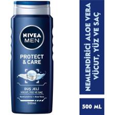 NIVEA Men Protect&Care Duş Jeli 500ml; 3'ü 1 Arada Komple Bakım; Vücut; Saç ve Yüz için;Aloe Vera ile  Etki