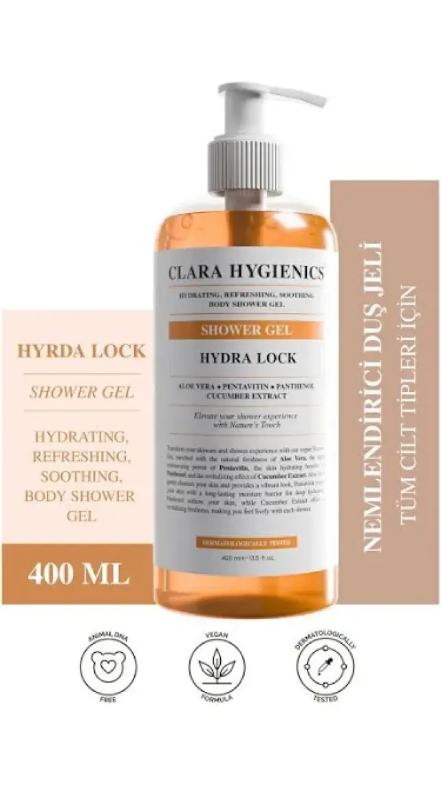 Clara Hygienics Hydra Lock Duş Jeli 400ml – Nemlendirici, Tazeleyici, Yatıştırıcı Dermatolojik Onaylı Ph Denge Vegan