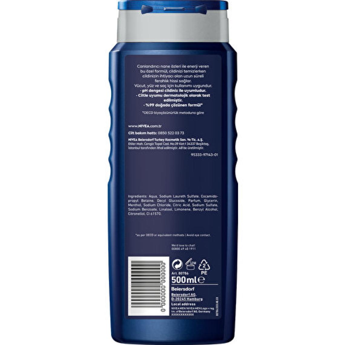 NIVEA Men Energy Duş Jeli 500ml; 3'ü 1 Arada Komple Bakım; Vücut; Saç ve Yüz için; Nane Özleri ile 24 Saat Ferah Cilt Hissi