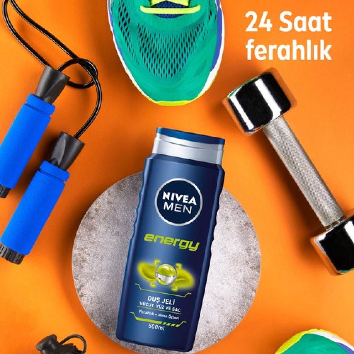 NIVEA Men Energy Duş Jeli 500ml; 3'ü 1 Arada Komple Bakım; Vücut; Saç ve Yüz için; Nane Özleri ile 24 Saat Ferah Cilt Hissi