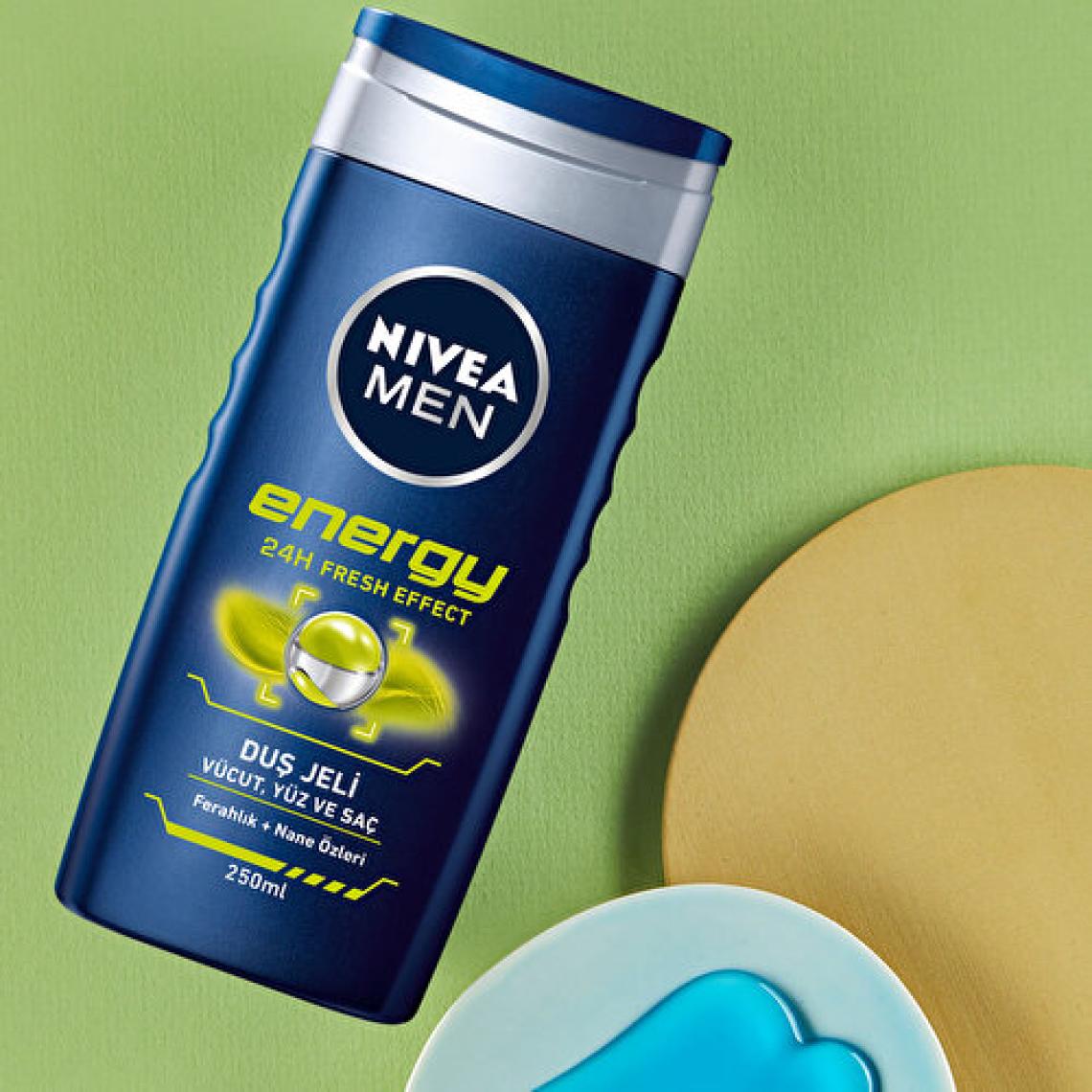 NIVEA Men Energy Duş Jeli 500ml; 3'ü 1 Arada Komple Bakım; Vücut; Saç ve Yüz için; Nane Özleri ile 24 Saat Ferah Cilt Hissi
