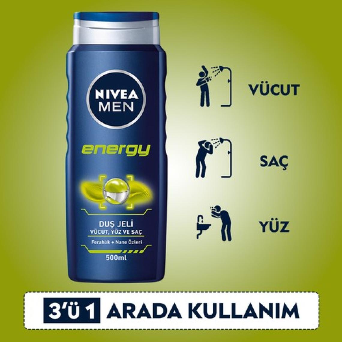 NIVEA Men Energy Duş Jeli 500ml; 3'ü 1 Arada Komple Bakım; Vücut; Saç ve Yüz için; Nane Özleri ile 24 Saat Ferah Cilt Hissi
