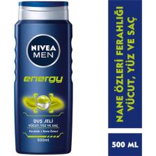 NIVEA Men Energy Duş Jeli 500ml; 3'ü 1 Arada Komple Bakım; Vücut; Saç ve Yüz için; Nane Özleri ile 24 Saat Ferah Cilt Hissi