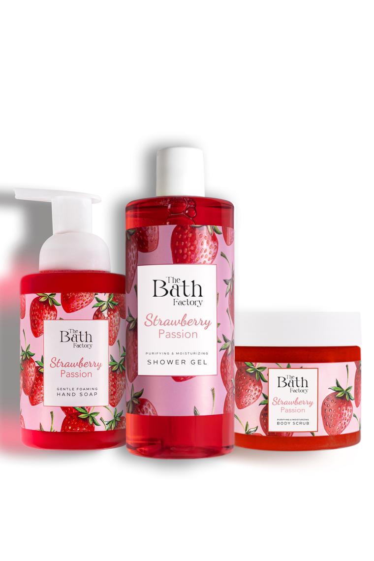 The Bath Factory Çilekli Vücut Peelingi + Çilekli Duş Jeli + Çilekli Köpük Sabun