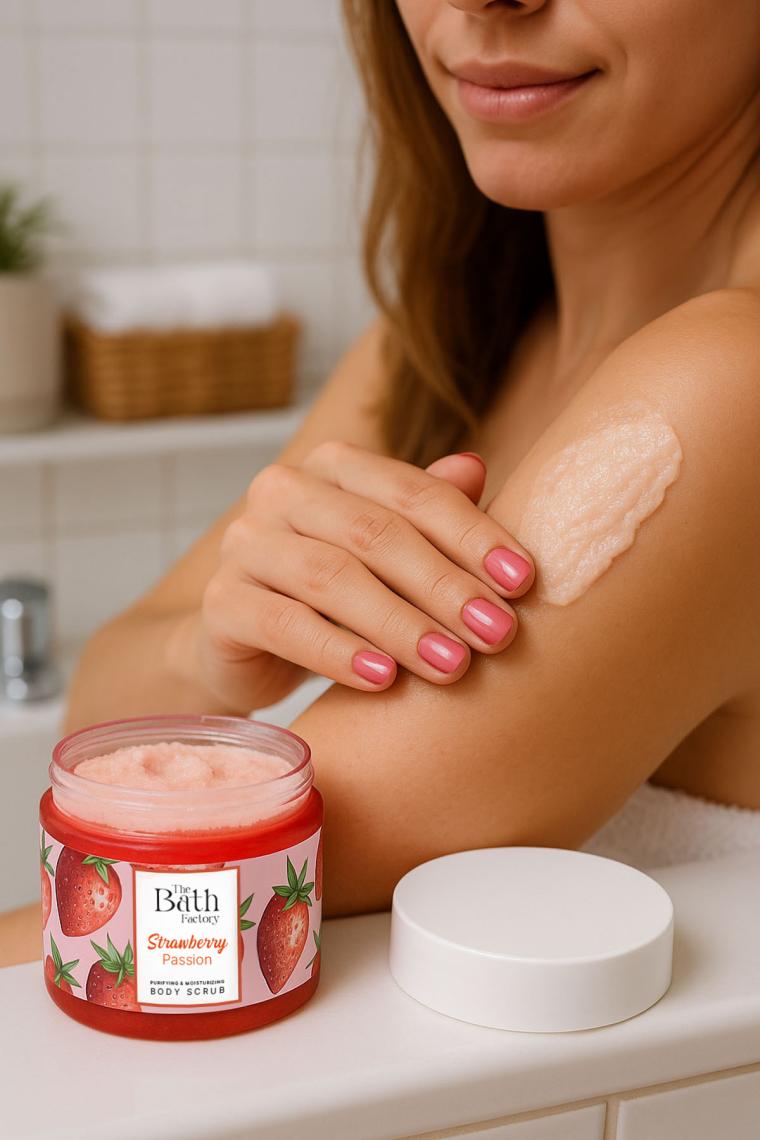 The Bath Factory Çilekli Vücut Peelingi + Çilekli Duş Jeli + Çilekli Köpük Sabun