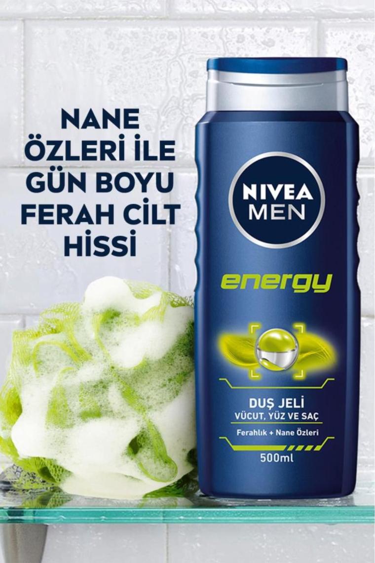 NIVEA Men Energy Duş Jeli 500ml; 3'ü 1 Arada Komple Bakım; Vücut; Saç ve Yüz için; Nane Özleri ile 24 Saat Ferah Cilt Hissi