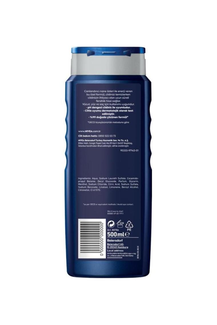 NIVEA Men Energy Duş Jeli 500ml; 3'ü 1 Arada Komple Bakım; Vücut; Saç ve Yüz için; Nane Özleri ile 24 Saat Ferah Cilt Hissi