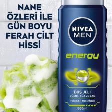 NIVEA Men Energy Duş Jeli 500ml; 3'ü 1 Arada Komple Bakım; Vücut; Saç ve Yüz için; Nane Özleri ile 24 Saat Ferah Cilt Hissi