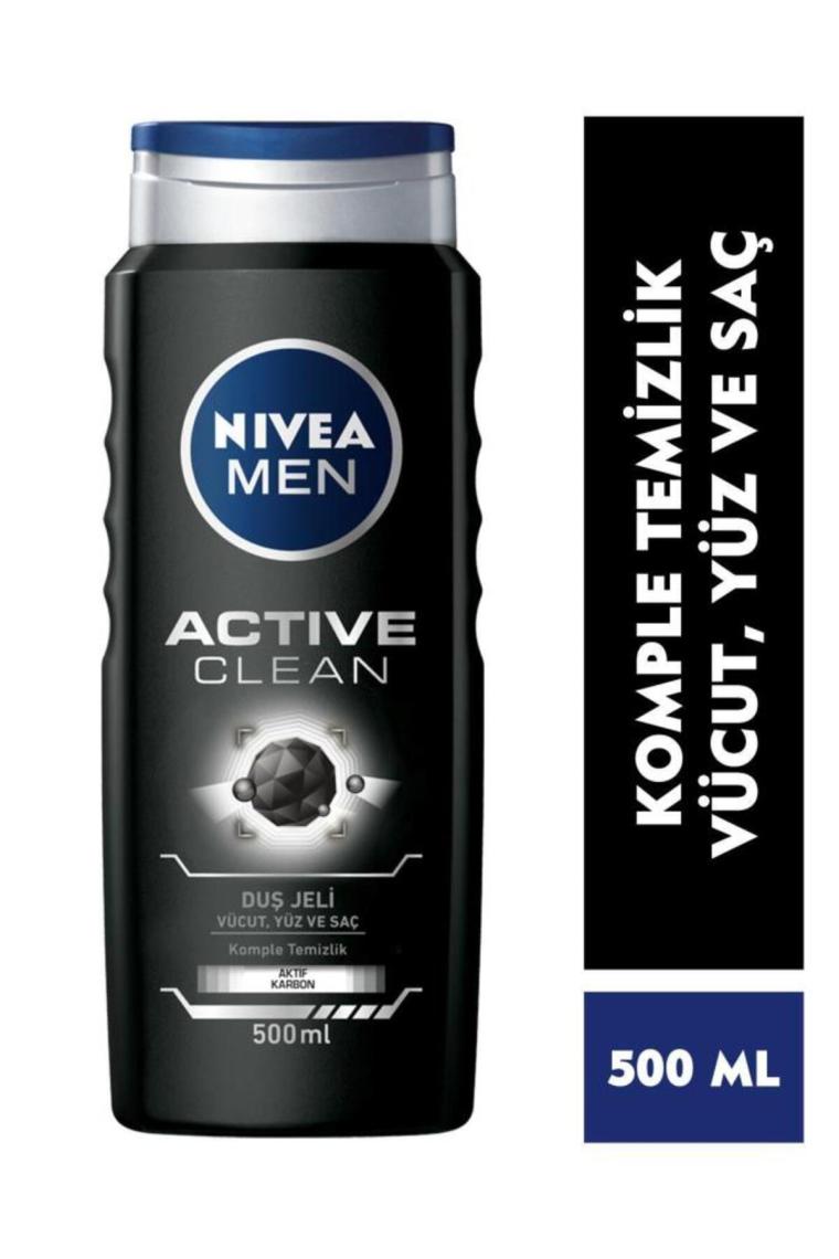 NIVEA Men Active Clean Duş Jeli 500ml;3'ü 1 Arada Komple Bakım; Vücut; Saç ve Yüz için;Doğal Aktif Karbon İçerir