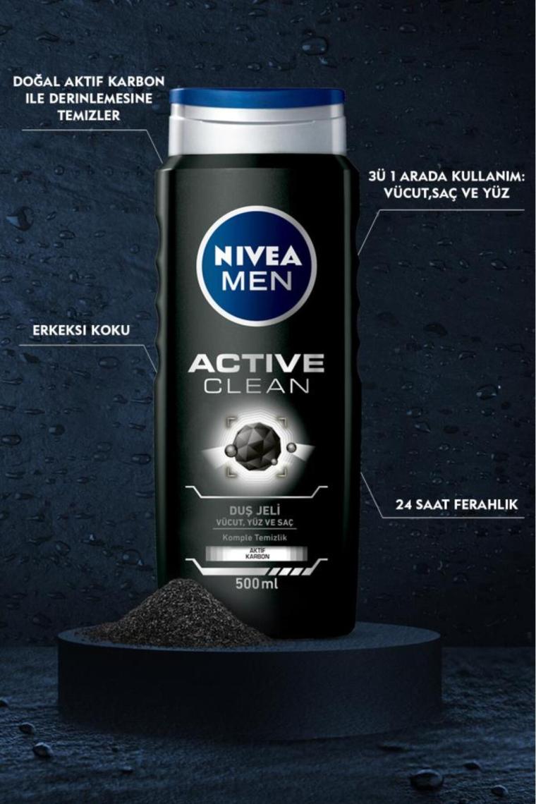 NIVEA Men Active Clean Duş Jeli 500ml;3'ü 1 Arada Komple Bakım; Vücut; Saç ve Yüz için;Doğal Aktif Karbon İçerir