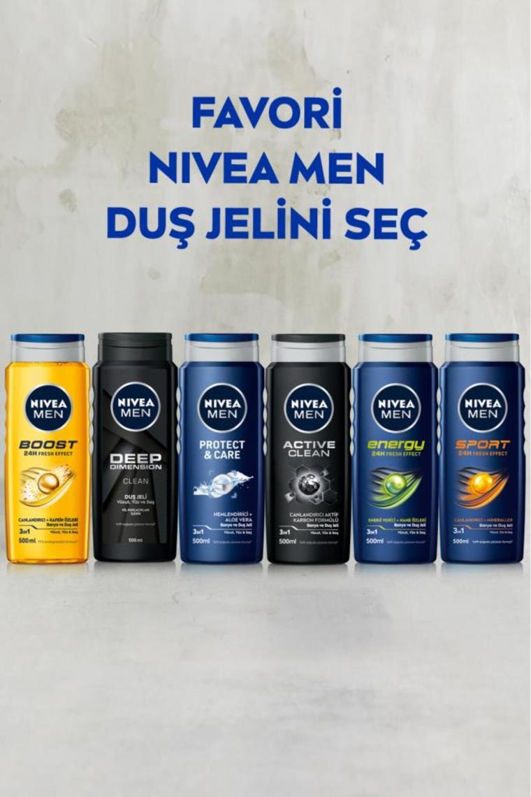 NIVEA Men Active Clean Duş Jeli 500ml;3'ü 1 Arada Komple Bakım; Vücut; Saç ve Yüz için;Doğal Aktif Karbon İçerir