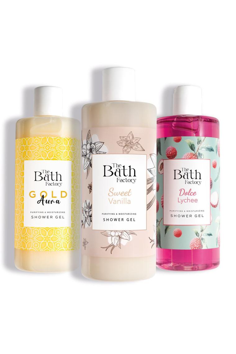 The Bath Factory Duş Jeli Seti (Lychee - Vanilya - Gold Aura) (3 x 400 Ml)