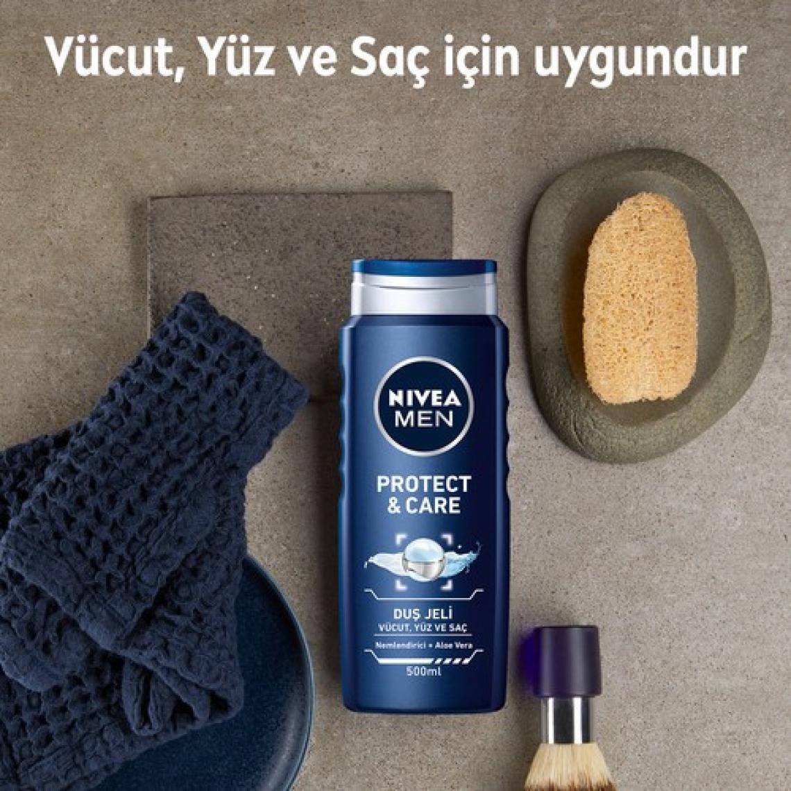 NIVEA Men Protect&Care Duş Jeli 500ml; 3'ü 1 Arada Komple Bakım; Vücut; Saç ve Yüz için;Aloe Vera ile  Etki