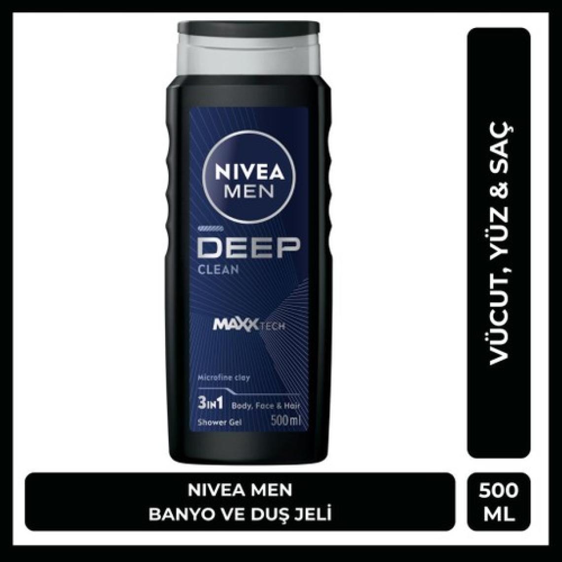 NIVEA MEN Deep Dimension Erkek Duş Jeli 500ml; 3ü1 Arada Vücut; Saç ve Yüz için Pratik Kullanım