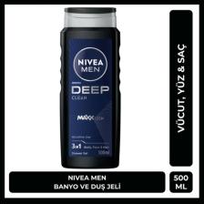 NIVEA MEN Deep Dimension Erkek Duş Jeli 500ml; 3ü1 Arada Vücut; Saç ve Yüz için Pratik Kullanım