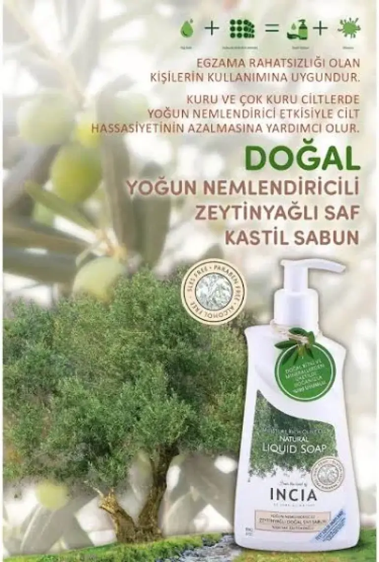 INCIA %100 Doğal Sıvı Kastil Sabunu Yoğun Nemlendirici Zeytinyağlı 10 Bitkisel Değerli Yağ Vegan 250 ml