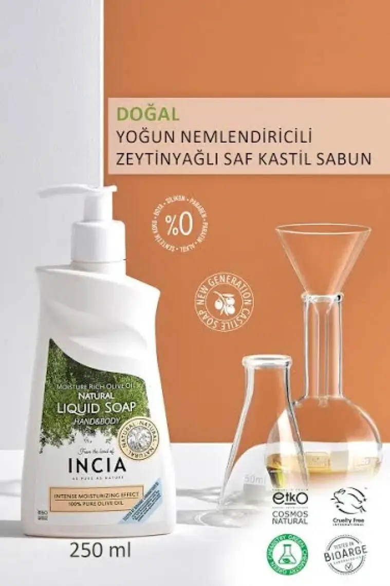 INCIA %100 Doğal Sıvı Kastil Sabunu Yoğun Nemlendirici Zeytinyağlı 10 Bitkisel Değerli Yağ Vegan 250 ml