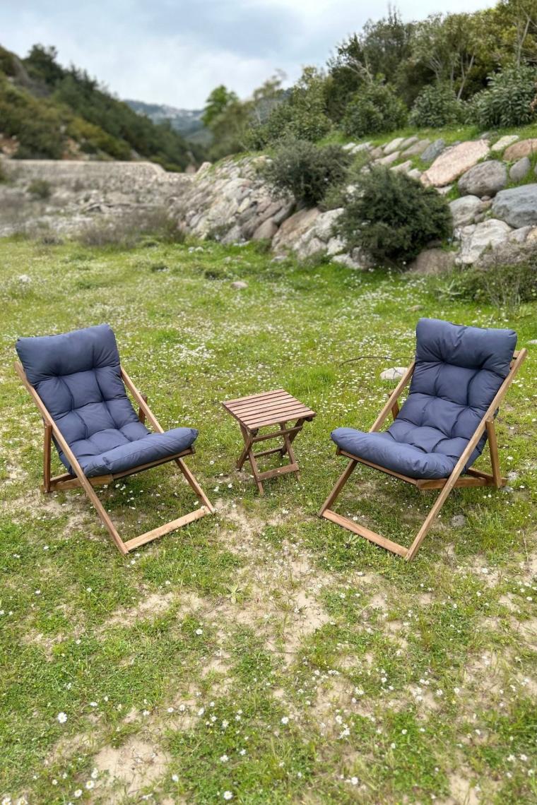 Ahşap Minderli Şezlong Seti Bahçe & Balkon & Teras & Plaj (katlanır Ikili Set - 2 Şezlong + 1 Sehpa)