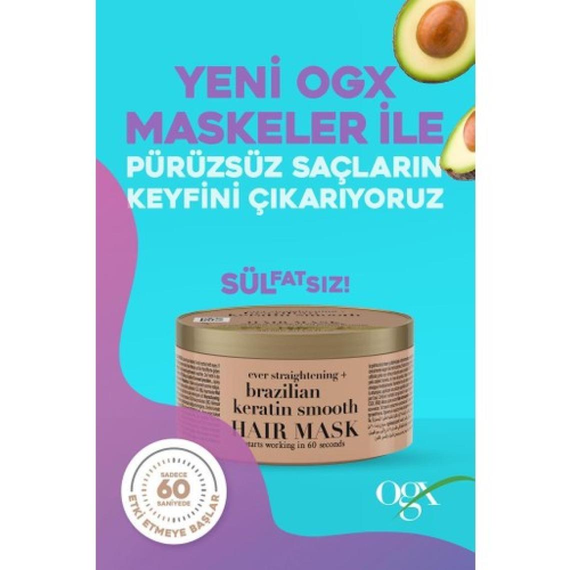 Ogx Brezilya Keratini Düzleştirici ve Onarıcı Saç Maskesi - 300 ml, Hipoalerjenik, Kıvırcık ve Dalgalı Saçlar için Haftalık Kullanım