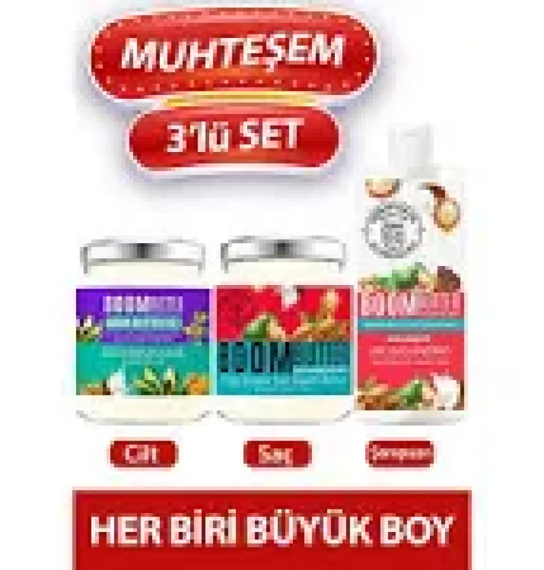 Boom Butter Muhteşem Üçlü  Saç ve Cilt Bakım Seti - 7 Doğal Yağ ile Zenginleştirilmiş Nemlendirici ve Onarıcı Büyük Boy