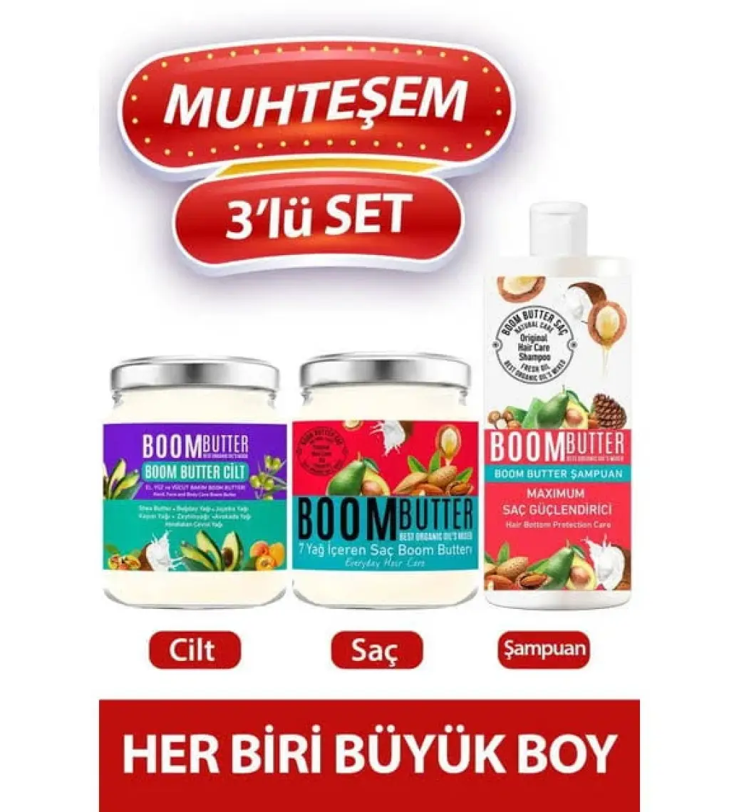 Boom Butter Muhteşem Üçlü  Saç ve Cilt Bakım Seti - 7 Doğal Yağ ile Zenginleştirilmiş Nemlendirici ve Onarıcı Büyük Boy