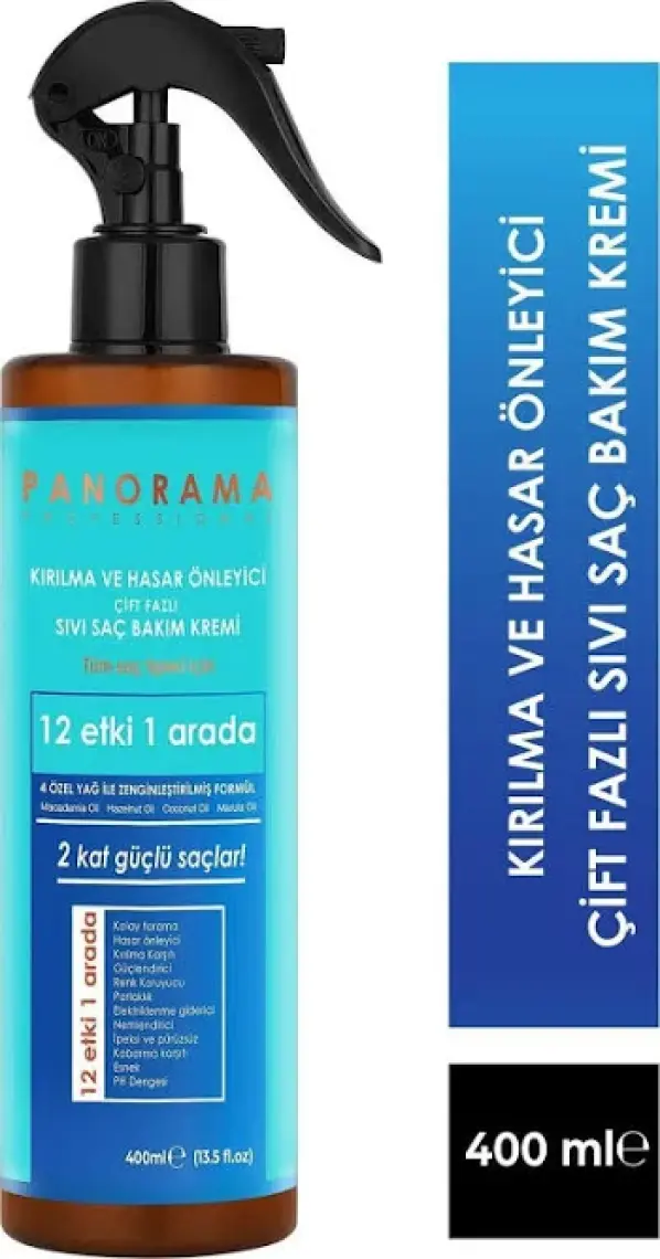 Panorama Professional Kırılma Ve Hasar Önleyici Çift Fazlı Sıvı Saç Bakım Kremi - 400 ml / 2 Kat Güçlü Saçlar / 12 Etki 1 Arada / 4 Özel Yağ ile zenginleştirilmiş Formül