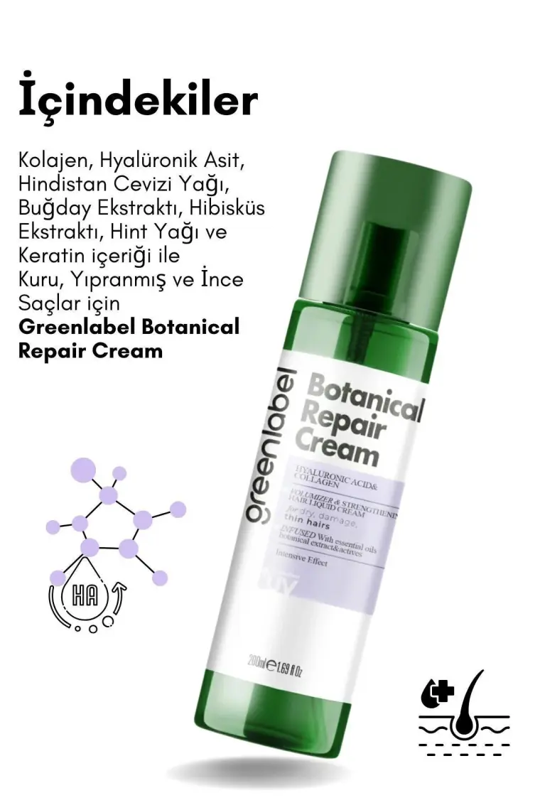 Green Label Hyaluronik Asit & Kolajen Kuru Ve Cansız Saçlara Özel Sıvı Saç Bakım Kremi