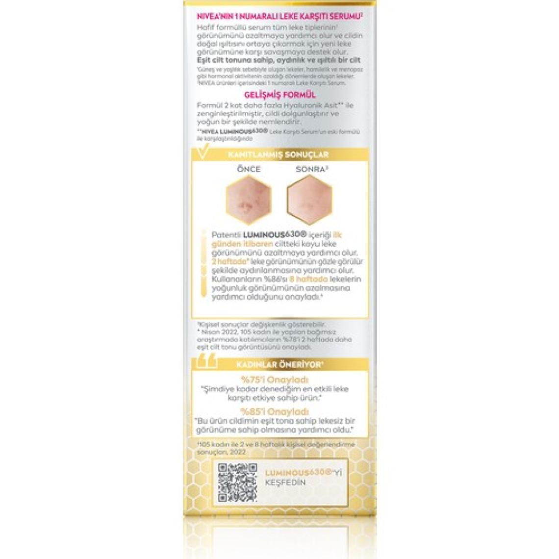 NIVEA Luminous630  Serum 30ml;Güneş; Hamilelik ve Ergenlik  Cilt Serumu; Eşit Cilt Tonu; Tüm Cilt Tipleri