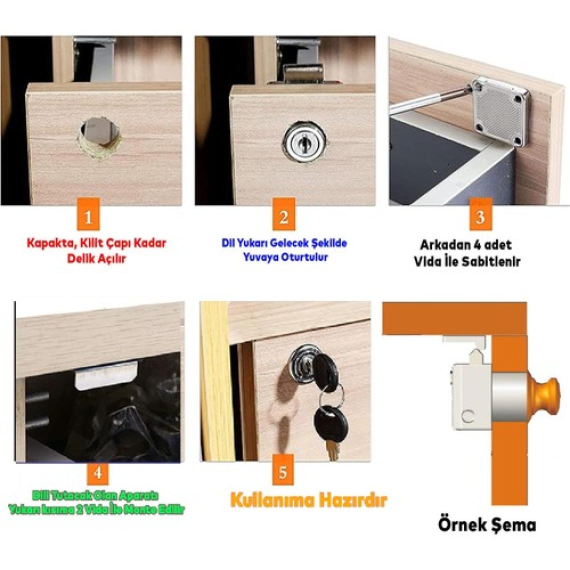 Badem10 Ugr Kare Mobilya Çekmece Dolap Kilidi Nikel Krom 2 Anahtarlı Kilit 4x4 cm 22 mm