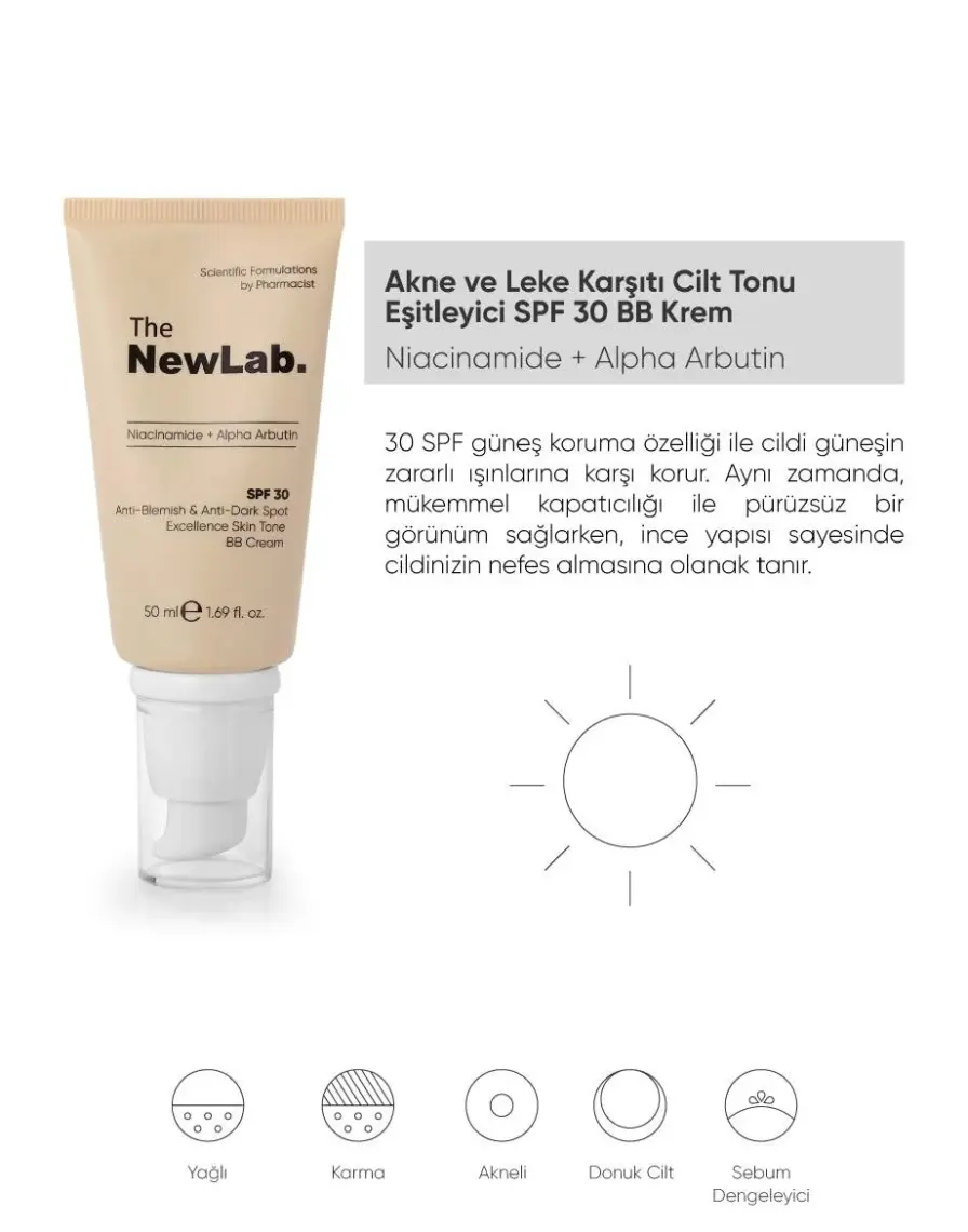 The NewLab. Akne ve Leke Karşıtı Cilt Tonu Eşitleyici SPF 30 BB Krem 50 ml