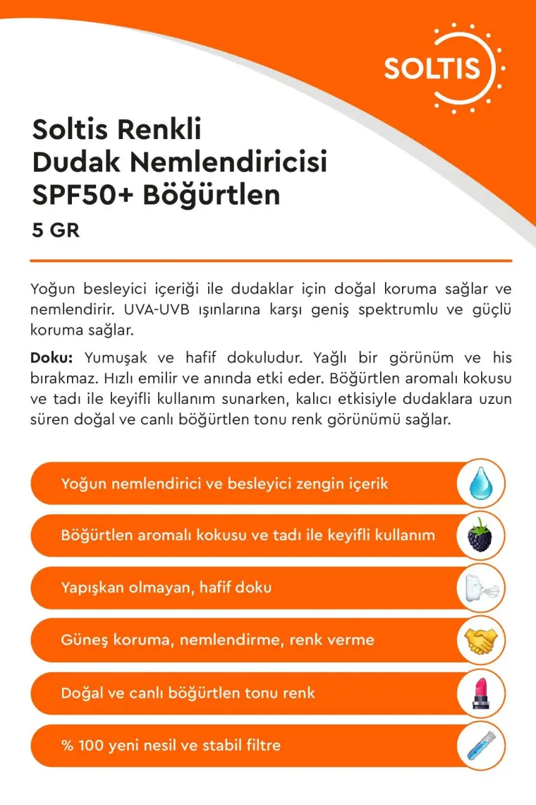 Soltis Renkli Dudak Nemlendiricisi Spf 50+ Böğürtlen 5 gr