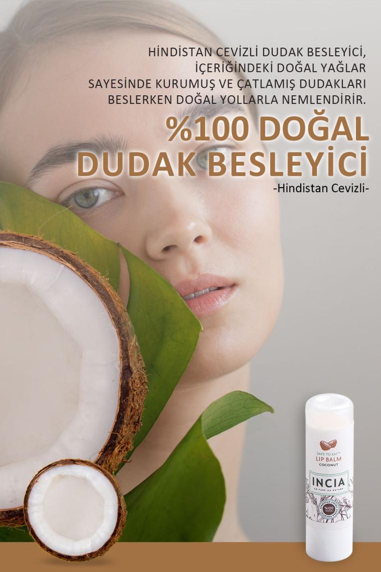 INCIA %100 Doğal Dudak Besleyici Hindistan Cevizi Bitkisel Nemlendirici Dudak Bakım Kremi 6 G